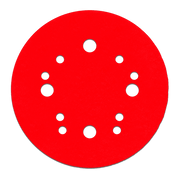 Red circular sanding disc with white hook and loop attachment holes arranged in pattern.
