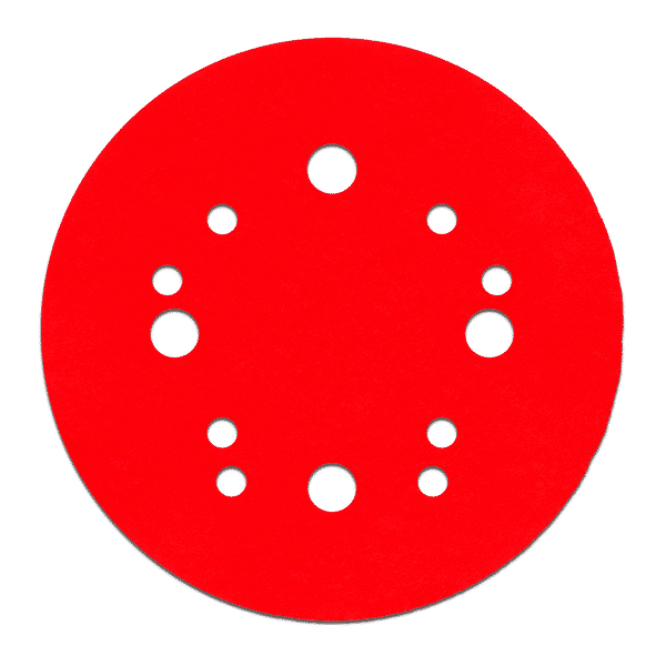 Red circular sanding disc with white hook and loop attachment holes arranged in pattern.