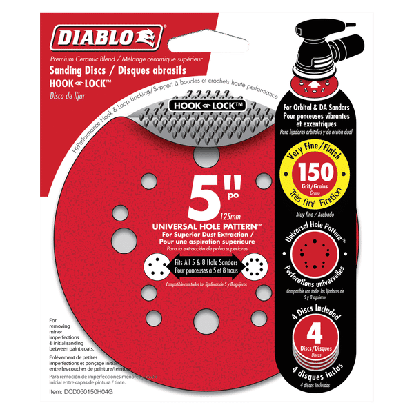 Red 5-inch sanding discs with hook and lock backing and multiple circular holes for dust extraction.