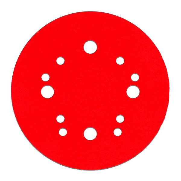 Red 5-inch sanding disc with white hook and loop attachment holes arranged in a circular pattern.