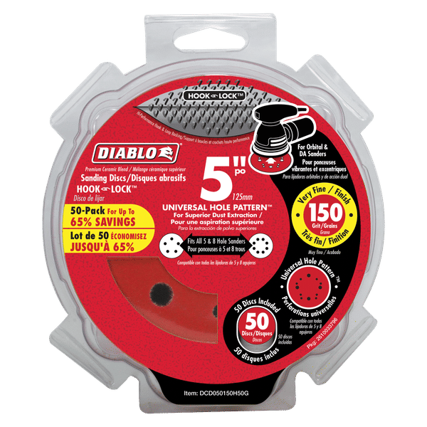 Pack of 50 red and black Diablo 5-inch Hook & Lock sanding discs with 150 grit rating in clear plastic clamshell packaging.