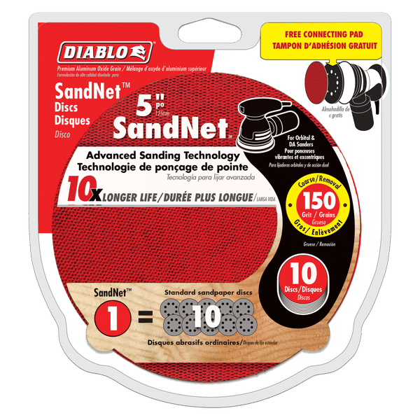 Diablo red 5-inch SandNET sanding discs with 150 grit rating and included connection pad in 10-pack blister packaging.