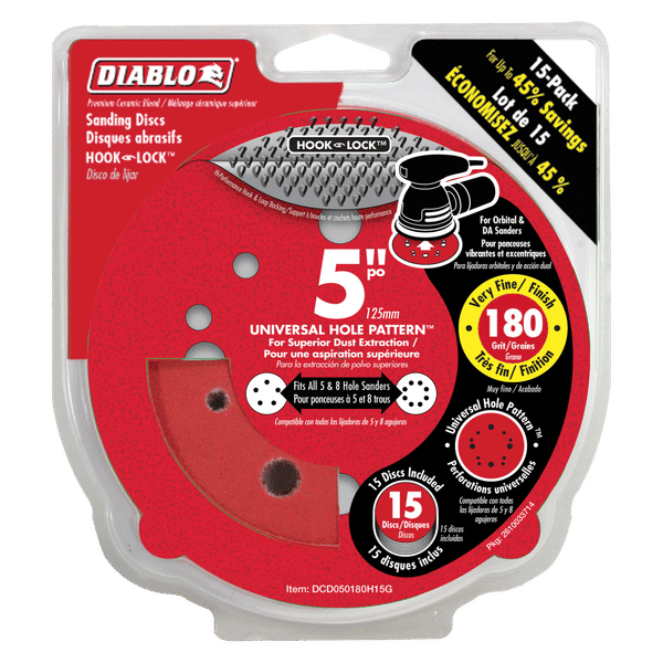 Pack of 15 red 5-inch hook and loop sanding discs with 180 grit rating and universal hole pattern.