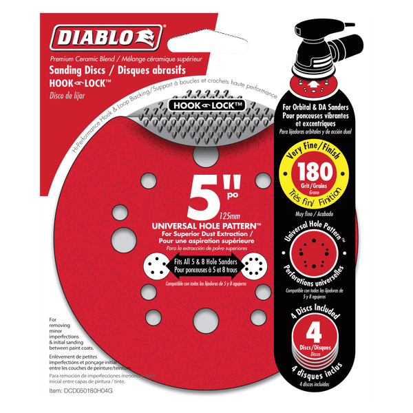 Four red 5-inch sanding discs with hook and lock backing and universal hole pattern, 180 grit.