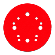 Red circular sanding disc with white hook and loop attachment holes arranged in a pattern.