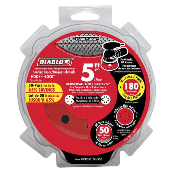 5-inch sanding discs with hook and lock backing, 180 grit, 50-pack in clear plastic clamshell packaging.