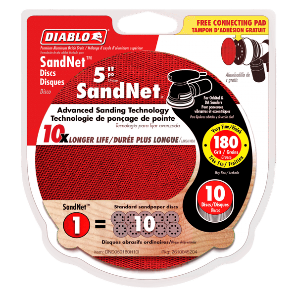Diablo 5-inch red SandNET sanding discs, 180 grit, 10-pack with connecting pad included.