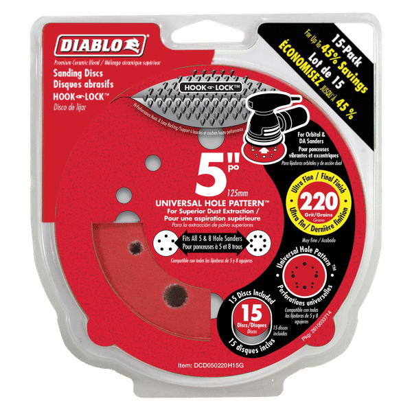Pack of 15 red Diablo 5-inch sanding discs with 220 grit rating and universal hole pattern for hook and lock sanders.