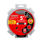 Pack of 50 red 5-inch hook and lock sanding discs with 220-grit abrasive surface for orbital sanders.