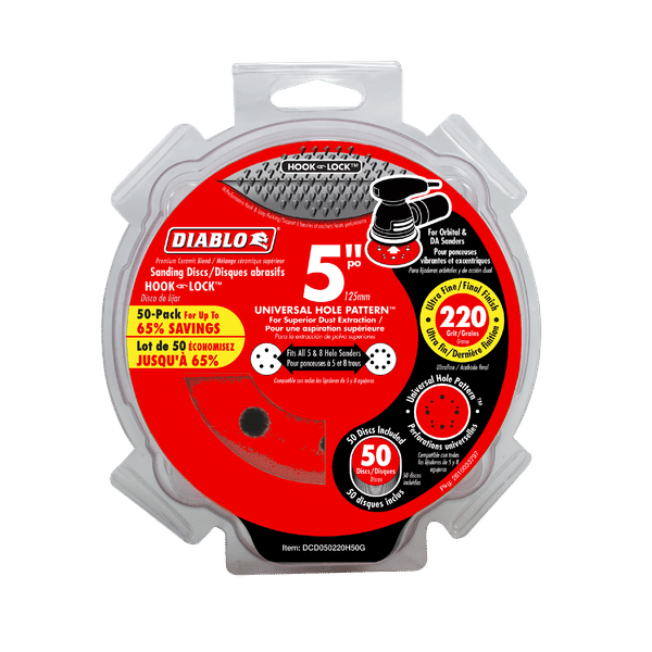 Pack of 50 red 5-inch hook and lock sanding discs with 220-grit abrasive surface for orbital sanders.