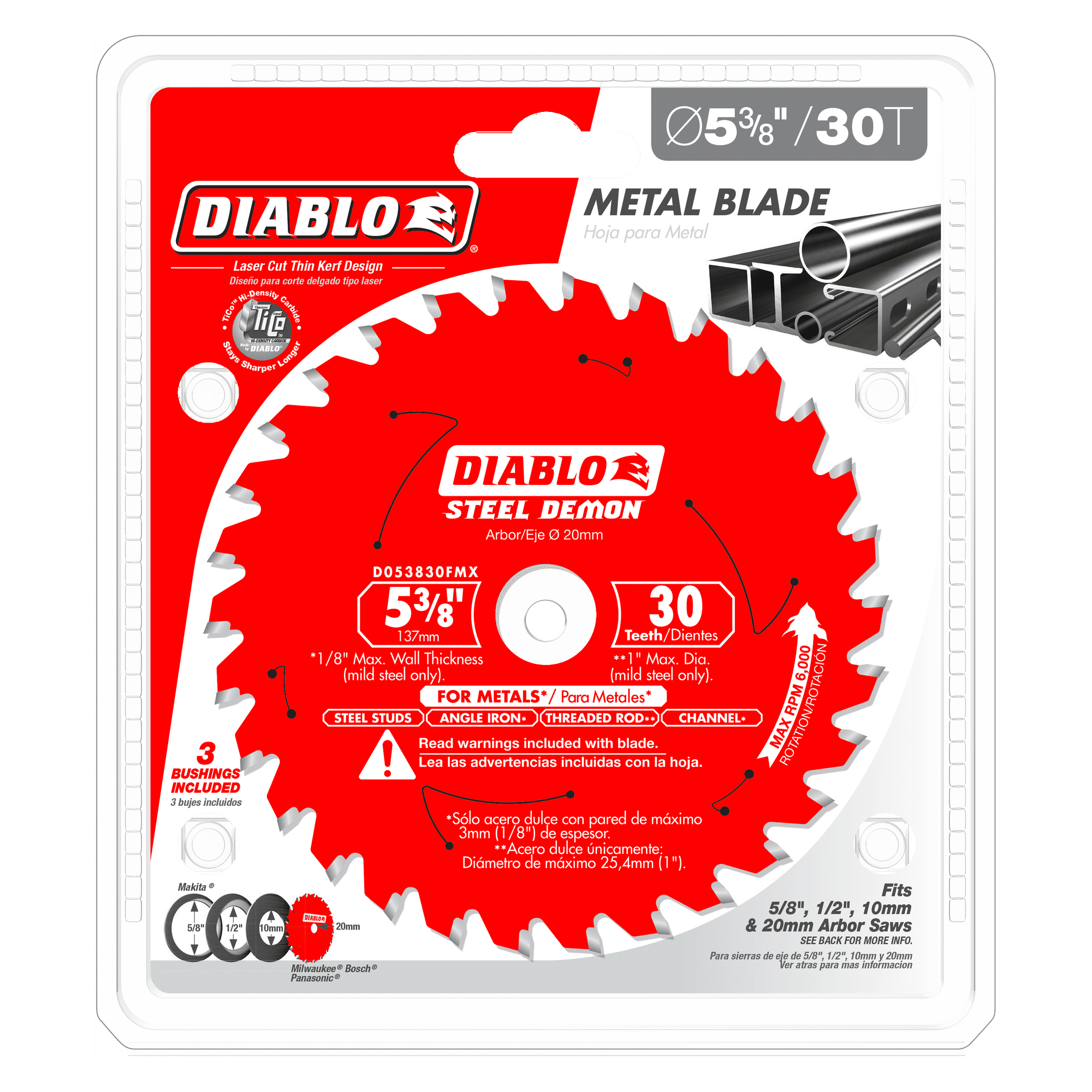 Diablo Steel Demon 5-3/8 inch carbide saw blade with 30 teeth in red packaging, designed for cutting metal.