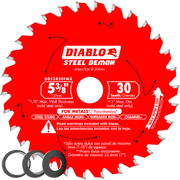 Red circular carbide saw blade with 30 silver teeth, 5-3/8 inch diameter, white center arbor hole labeled Diablo Steel Demon.