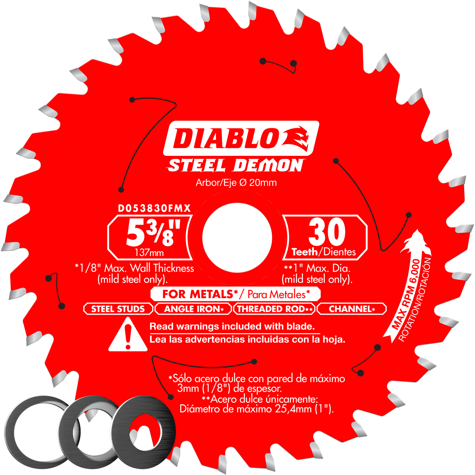 Red circular carbide saw blade with 30 silver teeth, 5-3/8 inch diameter, white center arbor hole labeled Diablo Steel Demon.