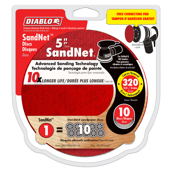 Diablo 5-inch 320-grit red SandNET sanding discs pack with connection pad and instructional graphics on packaging.