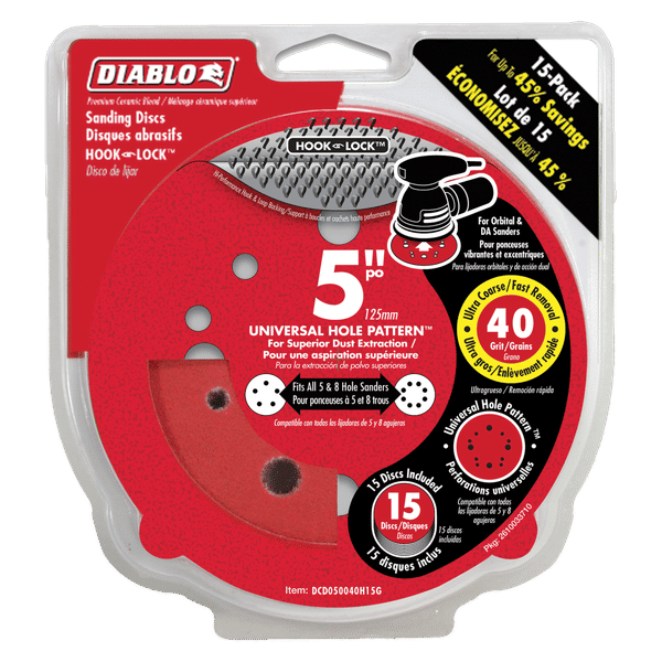 Red 5-inch sanding discs with hook and lock backing, 40 grit, 15-pack in clear plastic packaging.