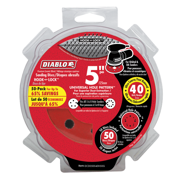 Pack of 50 red 5-inch hook and lock sanding discs with 40 grit rating in clear plastic clamshell packaging.