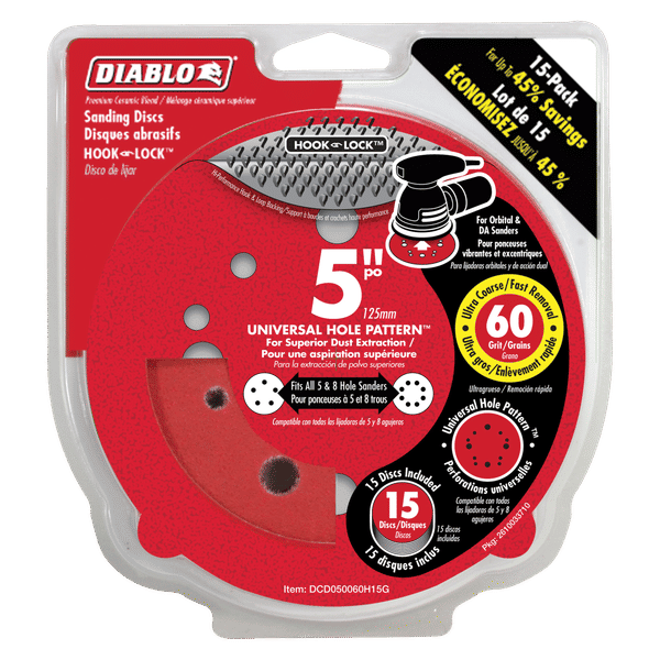Red 5-inch sanding discs with hook and lock backing, 60 grit, 15-pack in Diablo packaging.