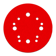 Red circular sanding disc with white hook and loop attachment holes arranged in pattern.