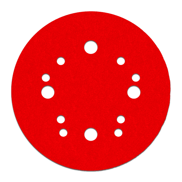 Red circular sanding disc with white hook and loop attachment holes arranged in pattern.