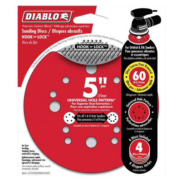 Four red 5-inch hook and lock sanding discs with 60 grit ceramic coating and universal hole pattern for orbital sanders.