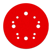 Red circular sanding disc with white hook and loop attachment holes arranged in pattern.