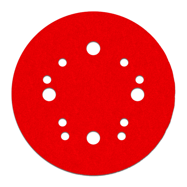 Red circular sanding disc with white hook and loop attachment holes arranged in pattern.