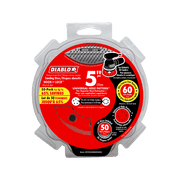 Pack of 50 Diablo 5-inch hook and loop sanding discs with 60-grit abrasive coating in clear plastic clamshell packaging.