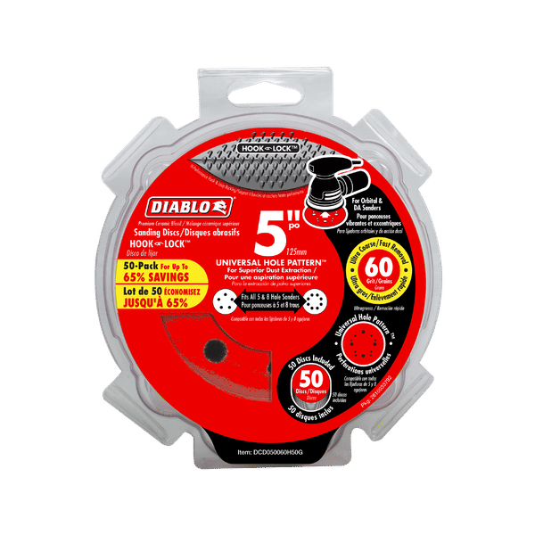 Pack of 50 Diablo 5-inch hook and loop sanding discs with 60-grit abrasive coating in clear plastic clamshell packaging.