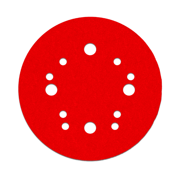 Red circular sanding disc with white hook and loop attachment holes arranged in pattern across surface.