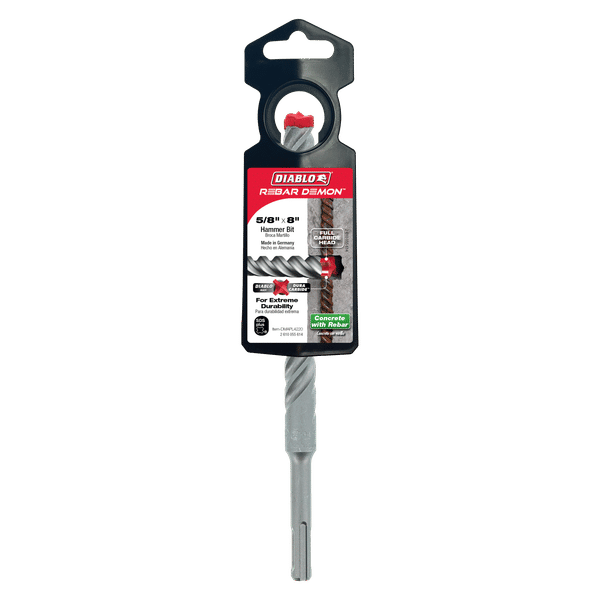 Diablo Rebar Demon SDS-Plus hammer drill bit with carbide head and packaging displayed vertically.