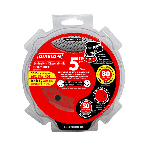 5-inch Diablo Hook & Lock sanding discs, 80-grit, 50-pack in clear plastic clamshell packaging.