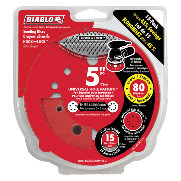 Packaging for Diablo 5-inch 80-grit hook and loop sanding discs, 15-pack, with red backing card and clear blister.