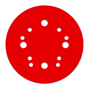 Red circular sanding disc with white hook and loop attachment holes arranged in pattern.