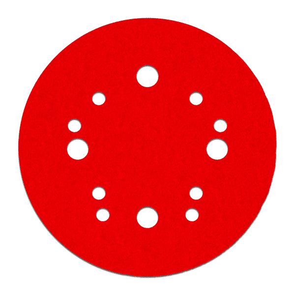 Red circular sanding disc with white hook and loop attachment holes arranged in pattern.