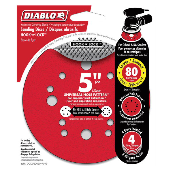 Red Diablo 5-inch 80-grit hook and lock sanding discs in packaging with universal hole pattern for orbital sanders.
