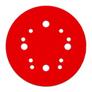 Red circular sanding disc with white hook and loop attachment holes arranged in pattern.