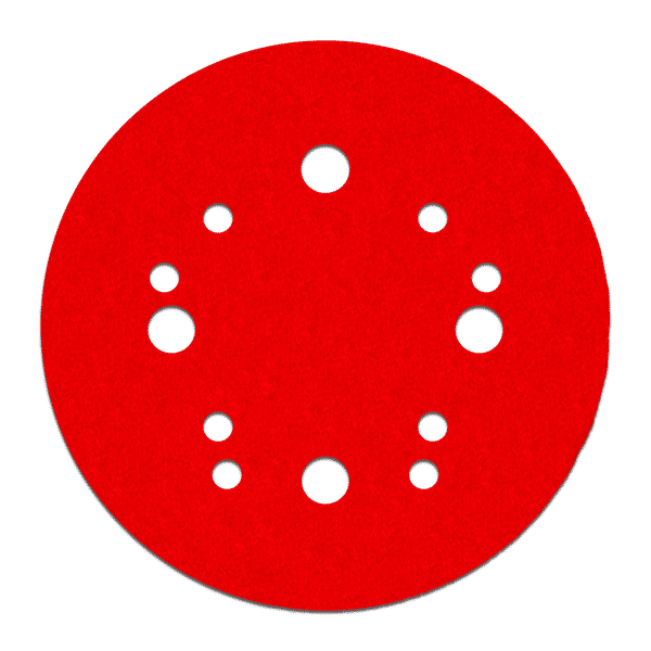 Red circular sanding disc with white hook and loop attachment holes arranged in pattern.