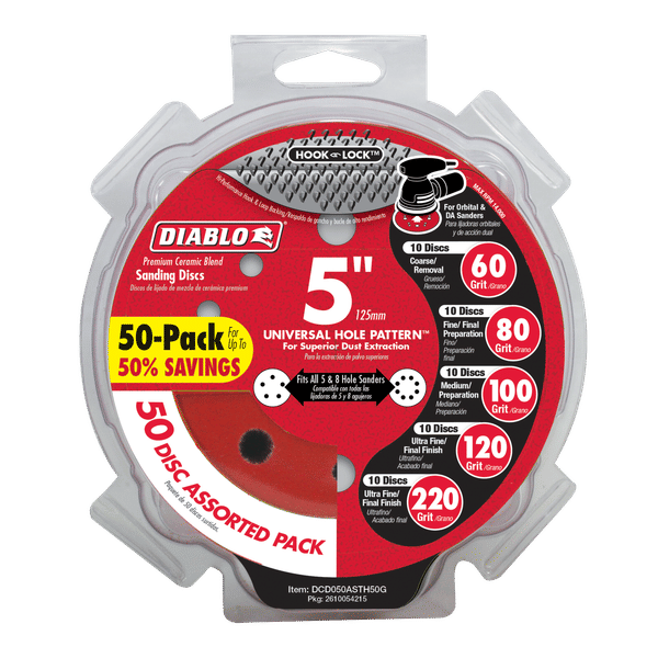 Diablo 5-inch hook and lock sanding disc assorted pack with 50 pieces in various grit sizes displayed on packaging.
