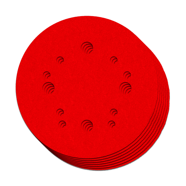 Stack of red 5-inch hook and loop sanding discs with perforated surface holes.
