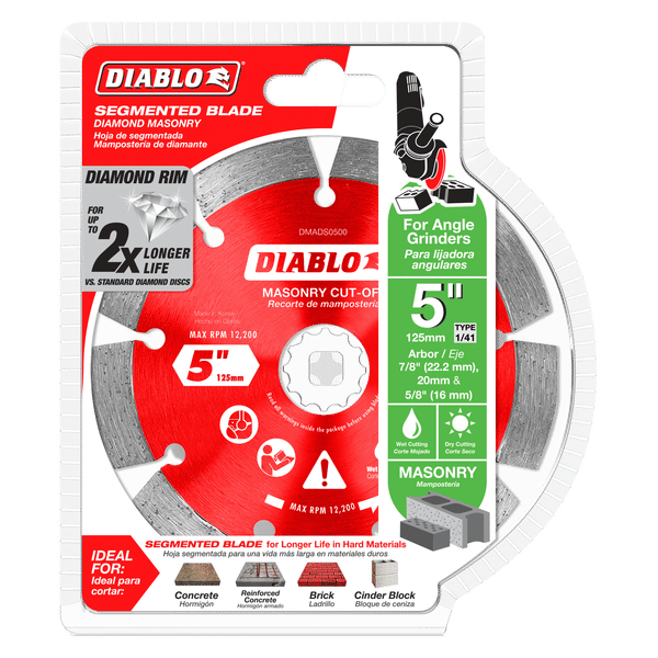 Diablo 5-inch diamond segmented masonry cut-off disc in packaging, showing gray blade with diamond rim and arbor hole.