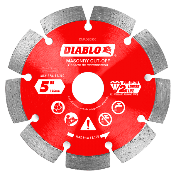 Red diamond segmented cut-off disc with gray teeth, 5 inch diameter, for masonry cutting applications.