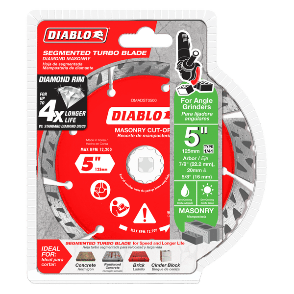Diablo 5-inch diamond segmented turbo masonry cut-off disc with red and white packaging and angle grinder attachment shown.