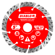 Red and gray diamond segmented turbo cut-off disc with 5 inch diameter and center hole for masonry cutting applications.