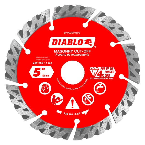 Red and gray diamond segmented turbo cut-off disc with 5 inch diameter and center hole for masonry cutting applications.
