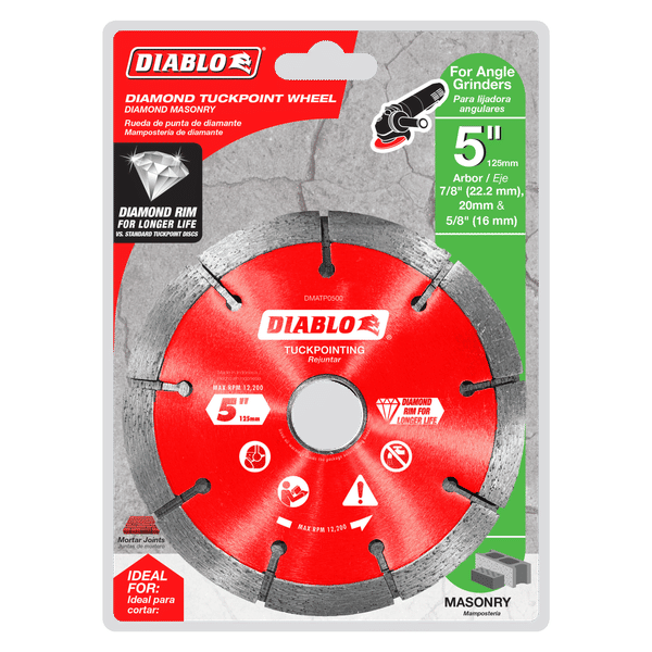 Diablo 5-inch red diamond tuck point blade with gray diamond-segmented rim for angle grinders.
