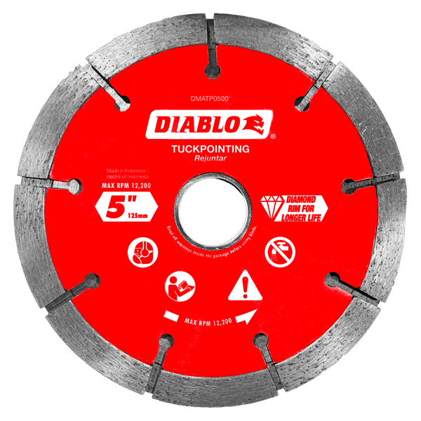 5-inch diamond tuck point blade with segmented diamond rim, red center hub, and black metal mounting arbor for masonry cuttin