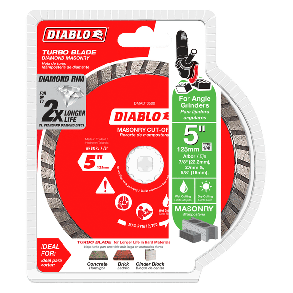 Diablo 5-inch diamond turbo cut-off disc with segmented rim on red and white packaging with angle grinder attachment guide.