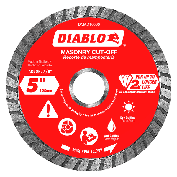 Diablo 5-inch diamond turbo cut-off disc with red center label, segmented edge, and 7/8-inch arbor for masonry cutting.