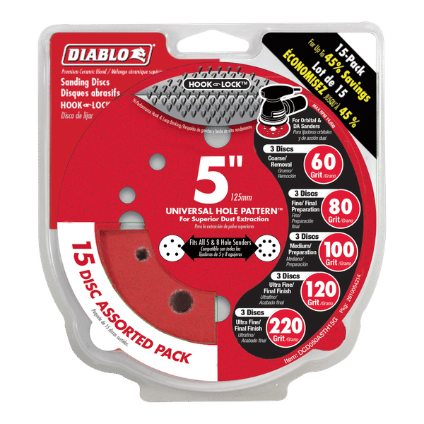 Five-inch red sanding discs with hook and loop backing in assorted grit levels (60, 80, 100, 120, 220) displayed on packaging