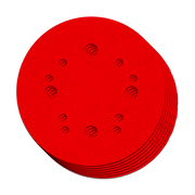Stack of red 5-inch sanding discs with hook and loop backing and evenly spaced holes.